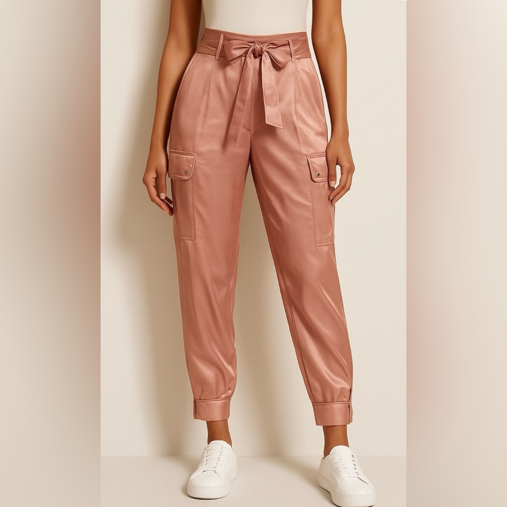 Express Super High Waisted Satin Cargo Ankle Pants Dusty Rose size 10R NWT